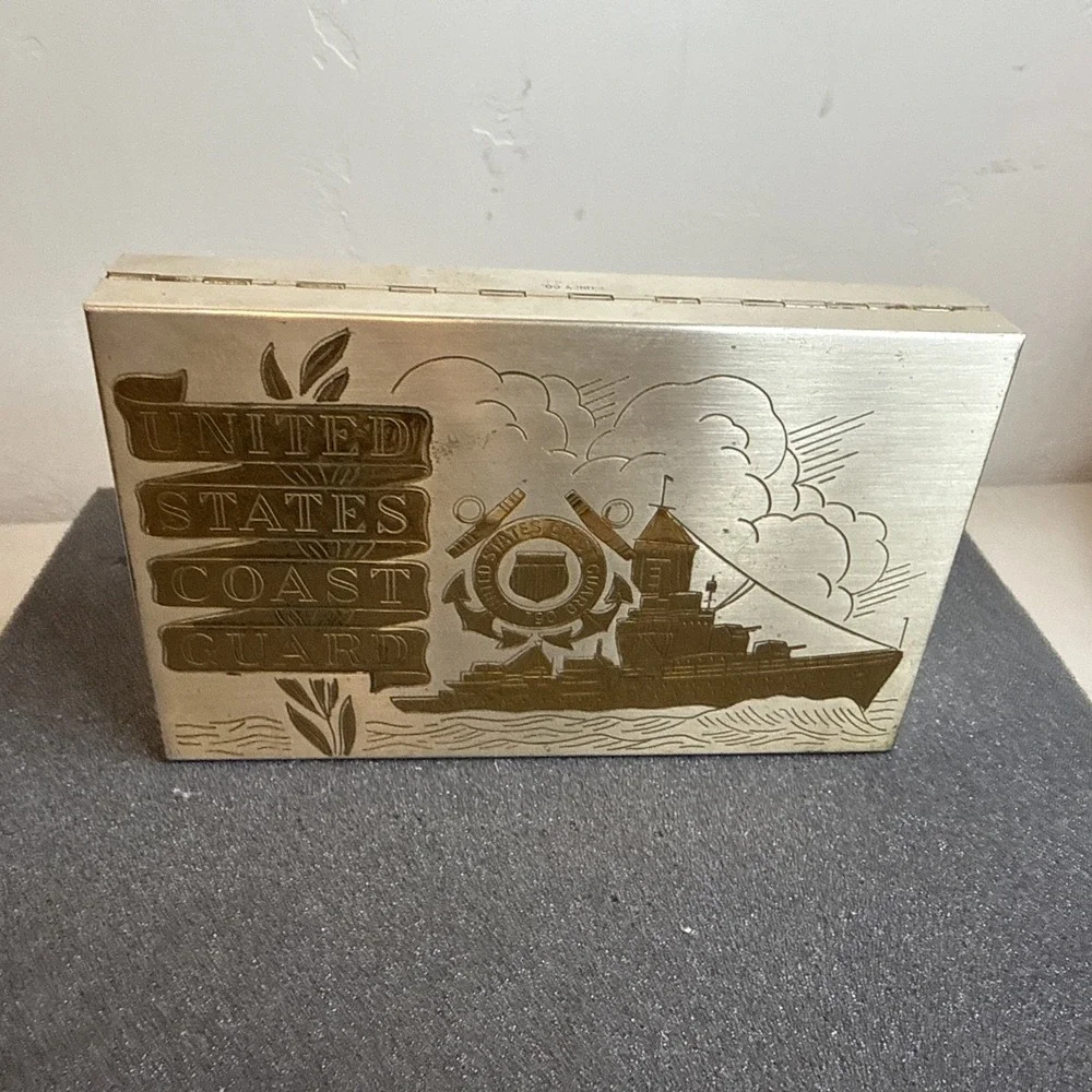WWII US Coast Guard Sweetheart Metal Brass Tabletop Dresser Box Ball Feet Plated